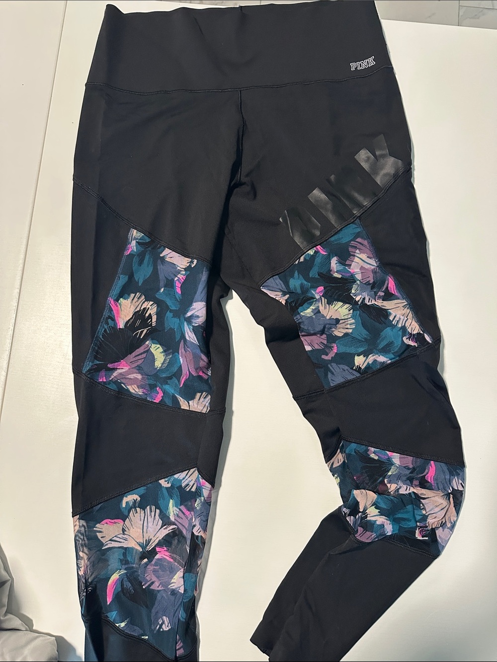 PINK Victoria's Secret Black Leggings with Mesh Floral Panels